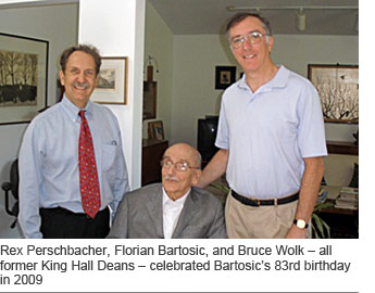Rex Perschbacher, Florian Bartosic, and Bruce Wolk &ndash; all former King Hall Deans &ndash; celebrated Bartosic&rsquo;s 83rd birthday in 2009
