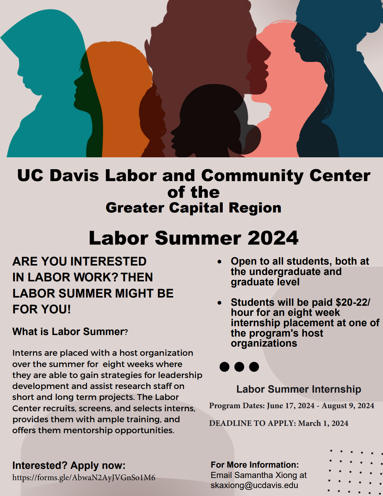Flyer showing text that is calling out for interns to apply for Labor Summer 2024.