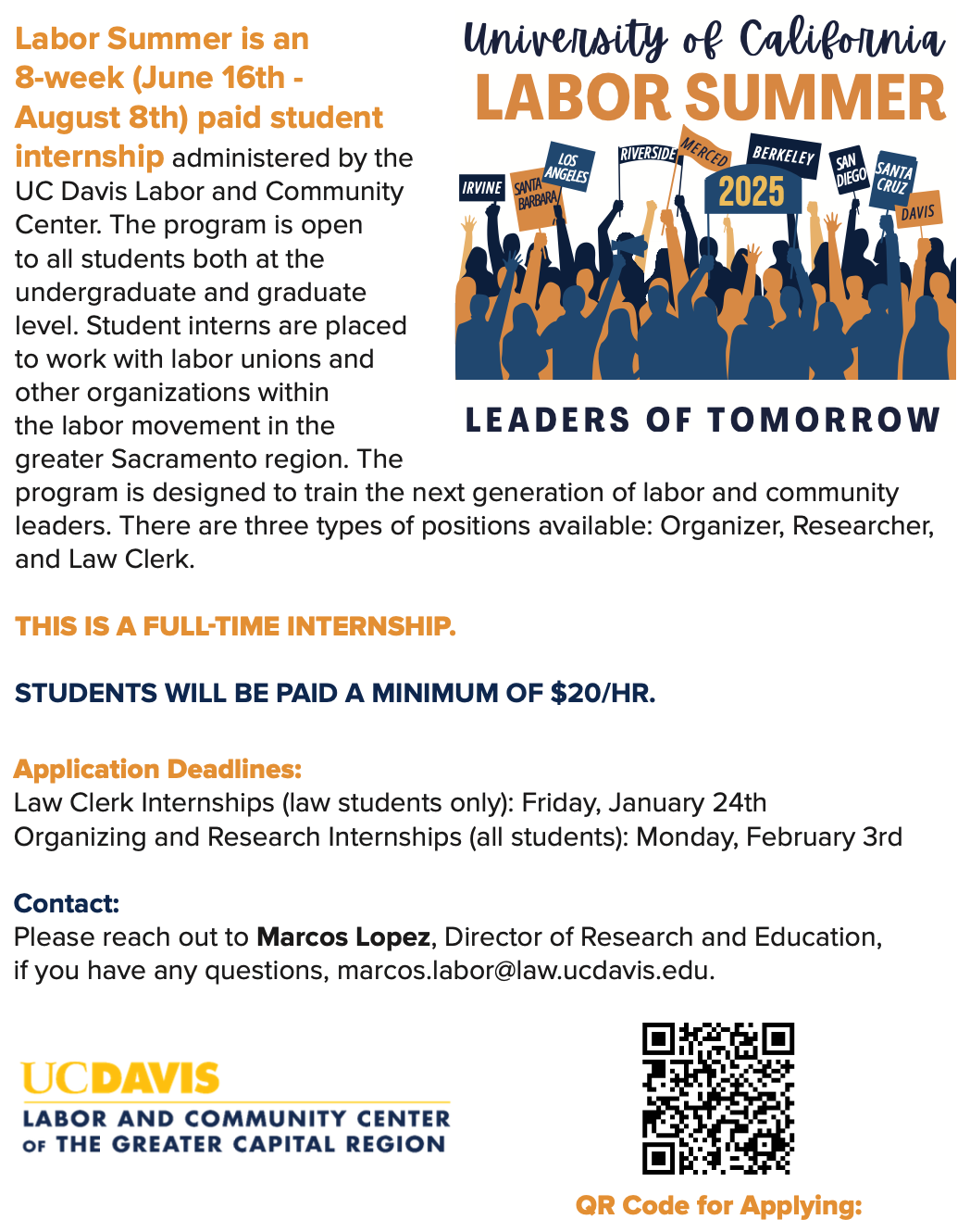 A flyer outlining Labor Summer 2025. It is a paid internship from June 16 to August 8. 