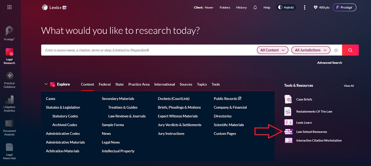 Lexis main page identifying where to locate Law School Resources