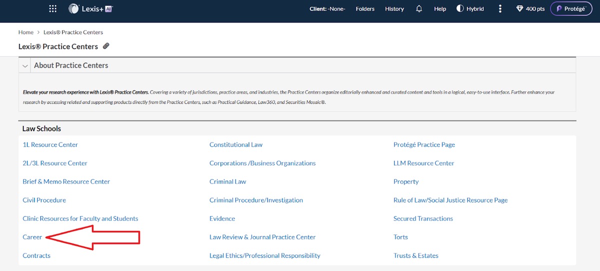 Lexis Law School website identifying where to locate Career Resources