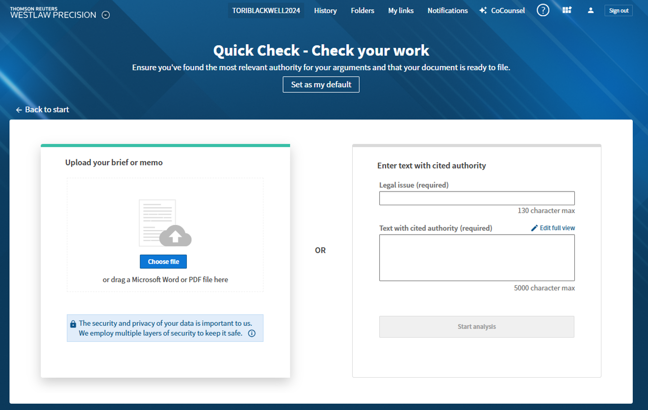 Westlaw: landing page of Quick Check