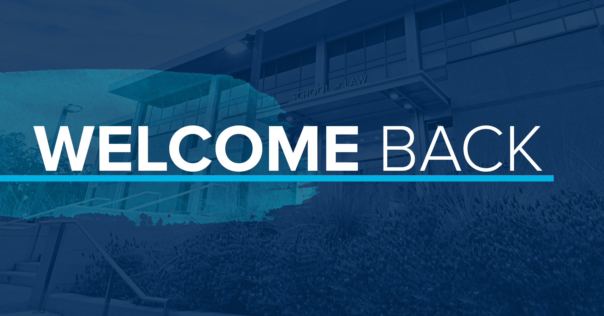 Graphic with dark blue background and lighter lettering reading "welcome back."
