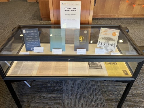 Book display in library lobby of law school publications